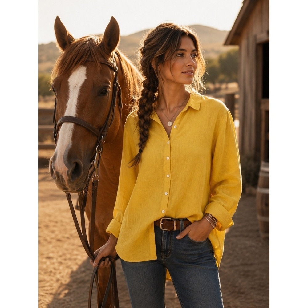 Yellow Button Front Relaxed Blouse Shirt Long Sleeve Lightweight‎ Women Size L